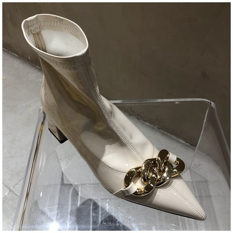 SUOJIALUN 2020 New Brand Women Ankle Boots Fashion Gold Chain Pointed Toe Short Boots Slip On Elastic Chelsea Boot Dress Shoes