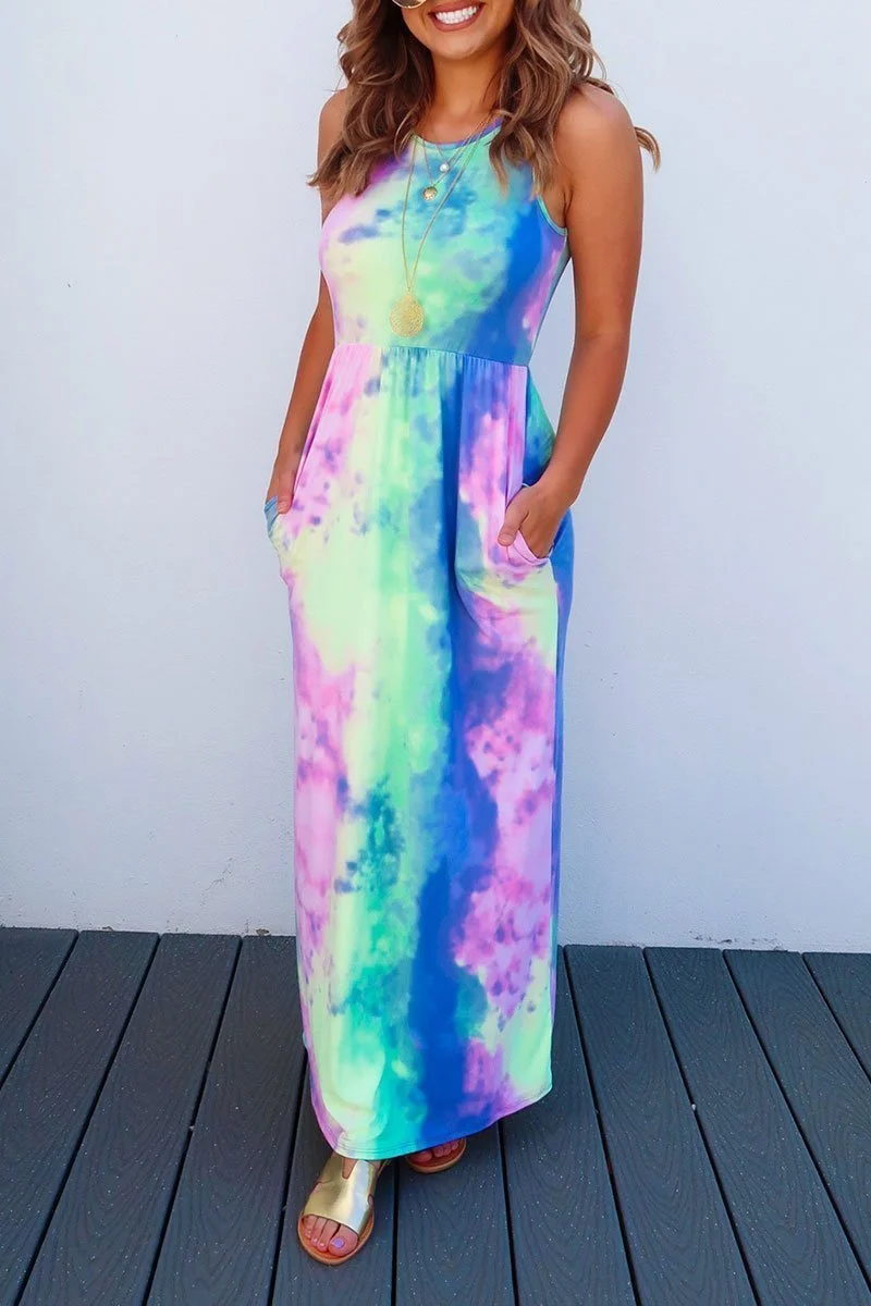 Tie-dye Printed Multicolor Maxi Dress