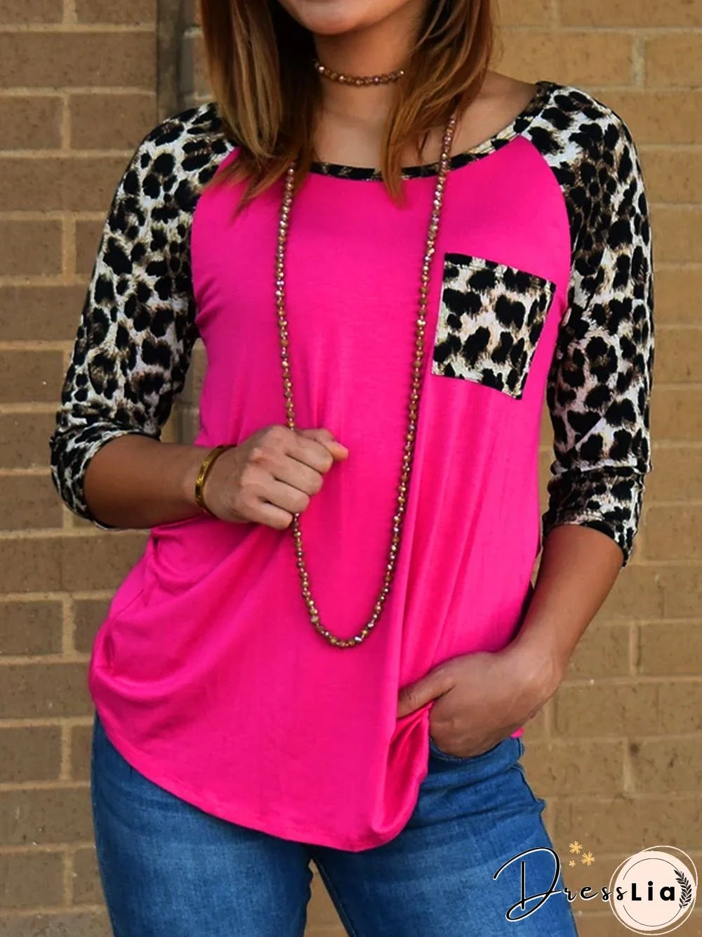 Shift 3/4 Sleeve Crew Neck Leopard T-shirt