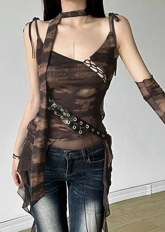 Vintage Brown Ruffled Tie Dye Asymmetrical Vest Fall
