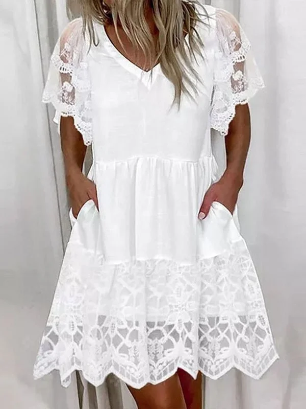 Women's Short Sleeve V-neck Lace Stitching Midi Dress