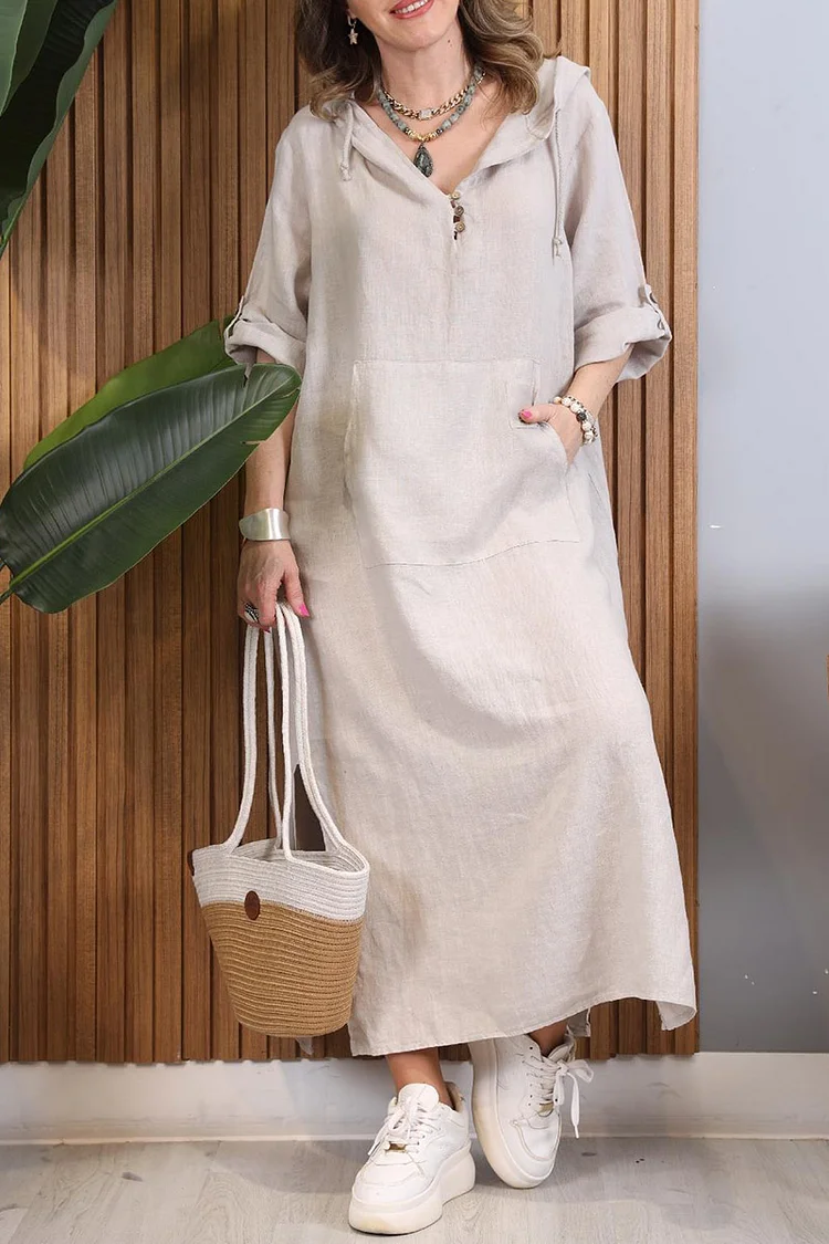 Roll Sleeve Side Slit Plain Button Linen Hooded Midi Dresses [Pre Order]