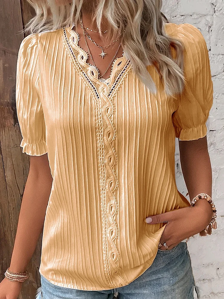 Cute Plain V-Neck Short Sleeve Lace Trim Hollow Shirt