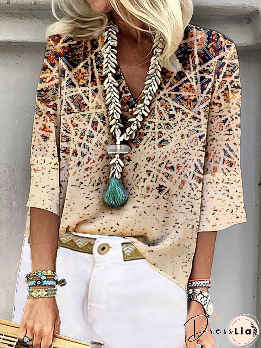 Ethnic 3/4 Sleeve V Neck Plus Size Casual Tops