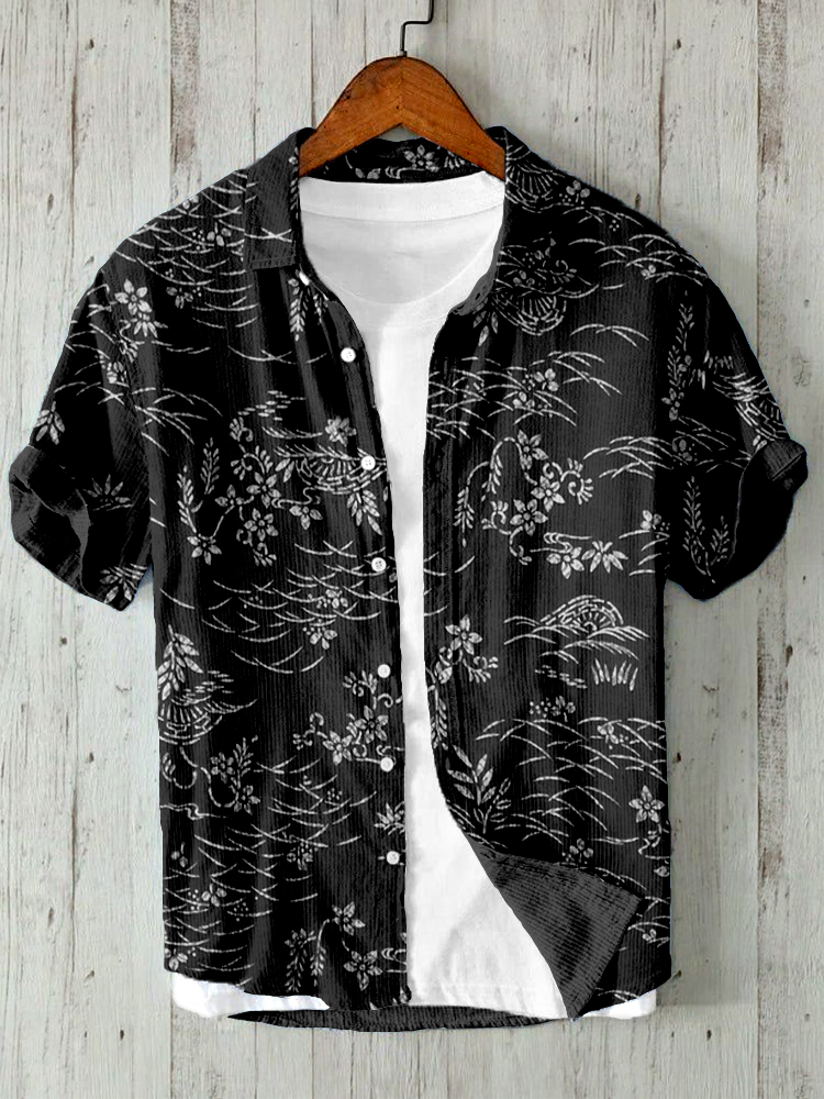 menweary Vintage Japanese Floral Pattern Linen Blend Shirt