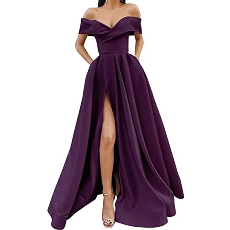 Brownm Brownm 2025 New Party Evening Dress Word Shoulder-Singing Noodles Long Overseas Warehouse Dress