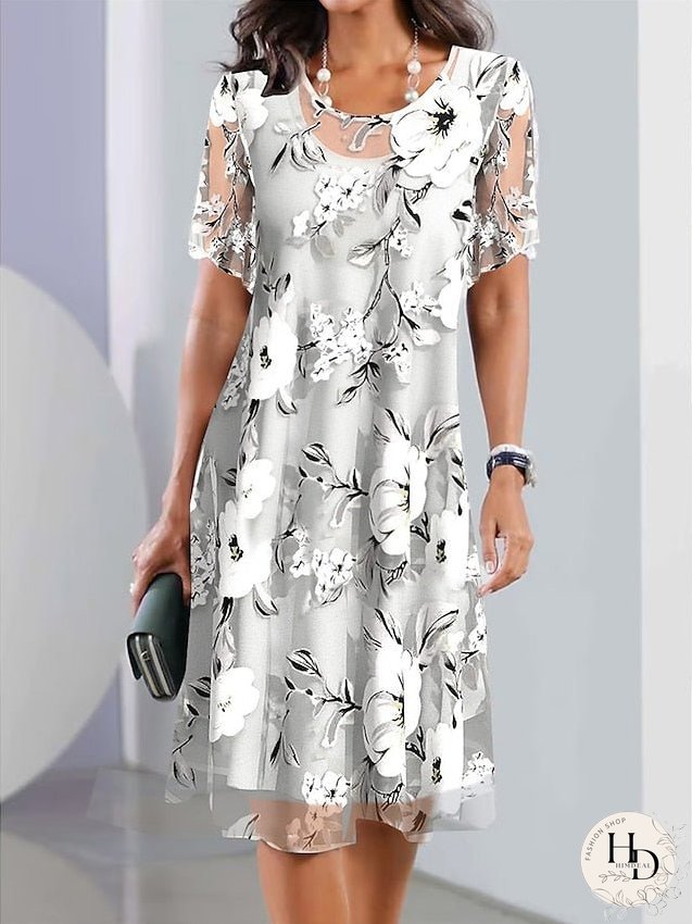 Casual Dress Chiffon Dress Summer Dress Floral Print Crew Neck Midi Dress Fashion Streetwear Outdoor Daily Short Sleeve Regular Fit Gray Summer Spring S M L XL XXL for Women