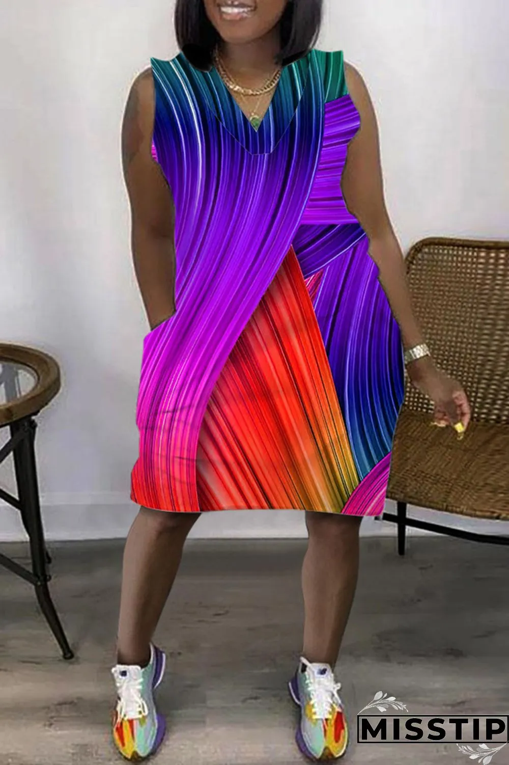 Purple Casual Print Patchwork V Neck Sleeveless Dress Dresses
