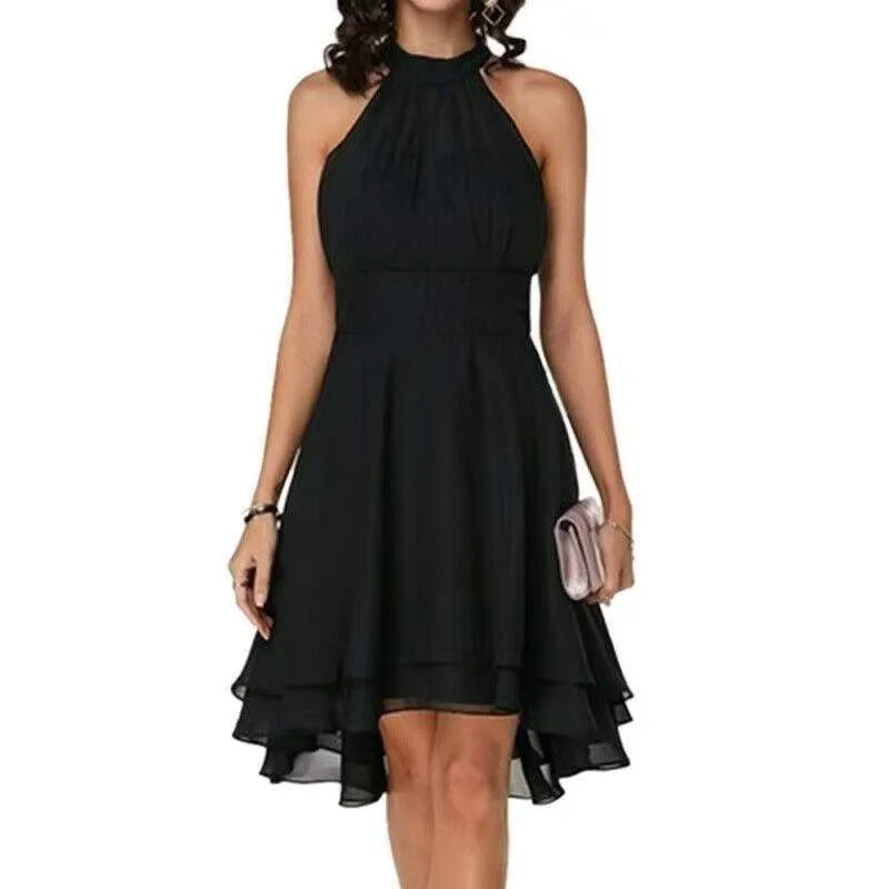 Uveng Uveng New Fashion Pure Color Temperament Women's Sexy Out-Shoulder Sleeveless Round Collar Micro-Folding Waist Repair Dress