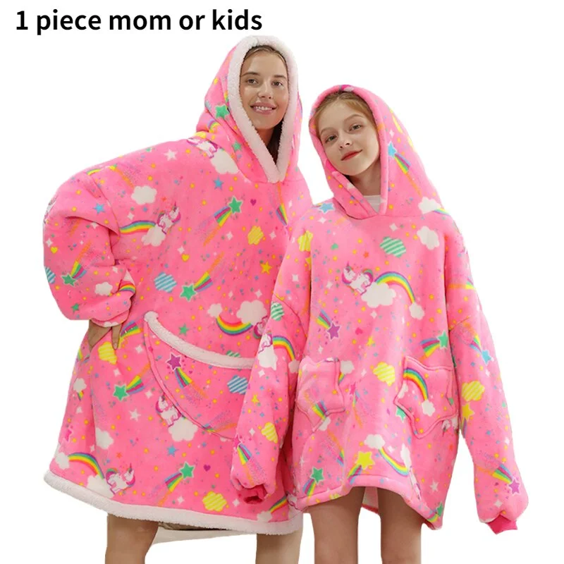 Winter Fleece Hoodie Blanket Oversized Sweatshirt Women Rainbow Printed Wearable Kids Sleepwear Hoody TV Blanket With Sleeves