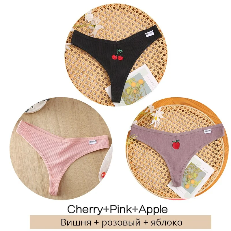 FINETOO Fruit Embroidery Thongs Women Cotton T-back Underpants M-XL Ladies G-string Sexy V Waist Underwear Bikini Panty Lingerie