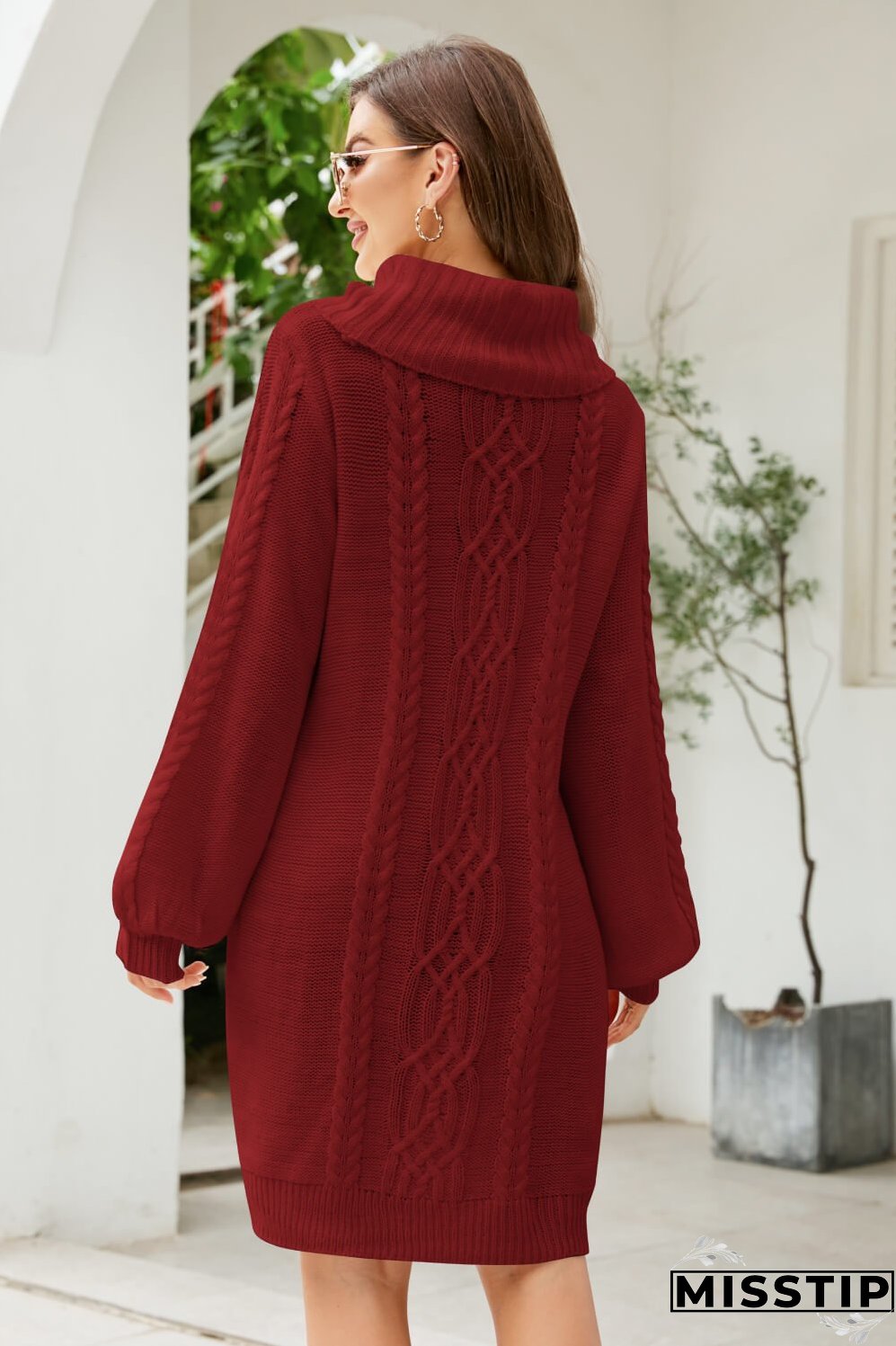 Woven Right Mixed Knit Turtleneck Lantern Sleeve Sweater Dress