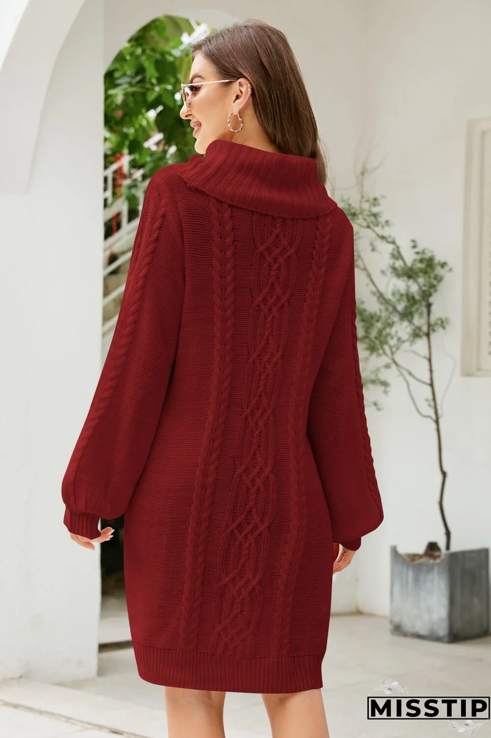 Woven Right Mixed Knit Turtleneck Lantern Sleeve Sweater Dress