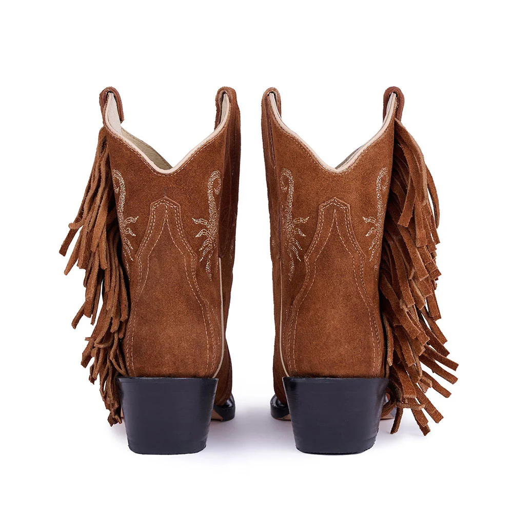 Brown Pointed Toe Scorpion Embroidery Chunky Heel Fringe Cowgirl Boots