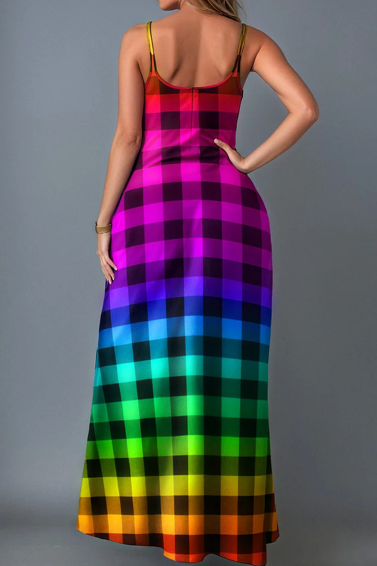 Plus Size Sundress Rainbow Gradient Plaid Pockets Cami Maxi Dress