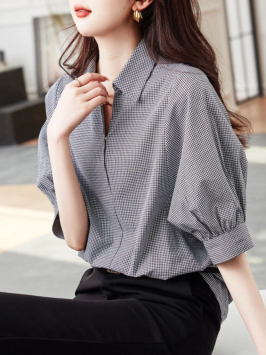 Athvotar Athvotar Casual Design Cotton Checker Shirt 2025 Summer New Collar Short-Sleeved Shirt Women's New Top