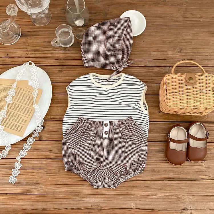Baby Striped Tank Top Plaid Bloomers with Hat