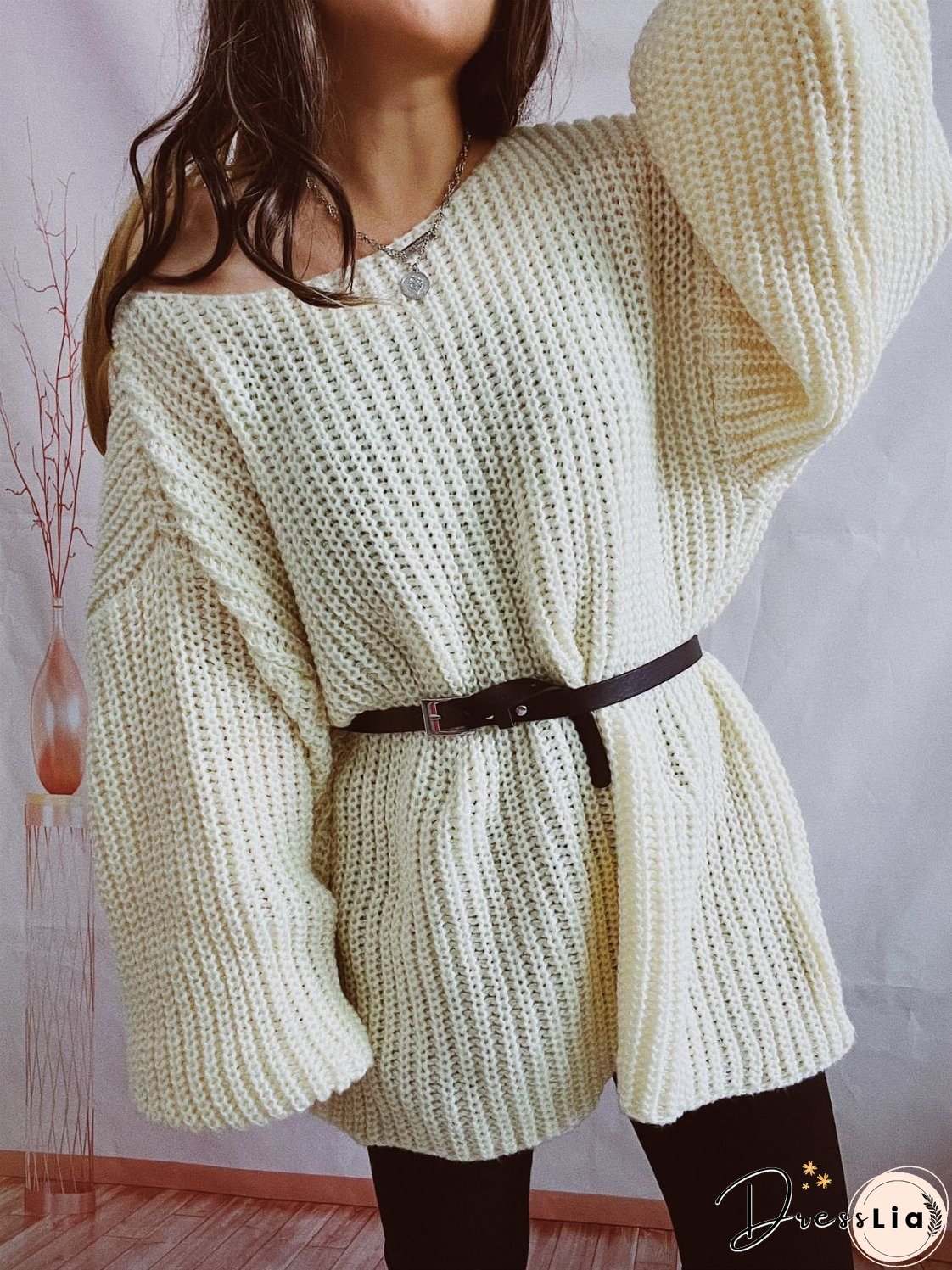 Boat Neck Long Sleeve Sweater with Belt