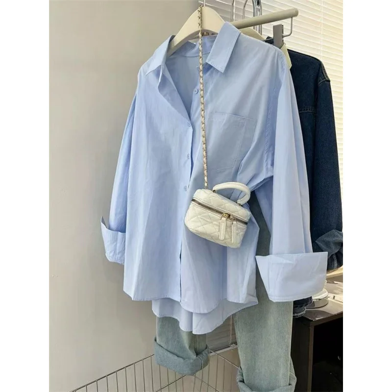 Brownm Brownm Blue Shirt Coat Women Spring And Autumn Loose Design Small Casual Folding Long-Sleeved Top