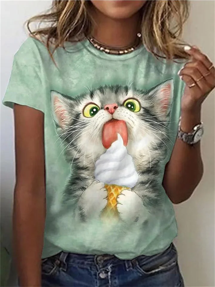 Cat Eating Ice Cream Print Light Green Short-sleeved Women's Top S M L XL 2XL 3XL 4XL 5XL