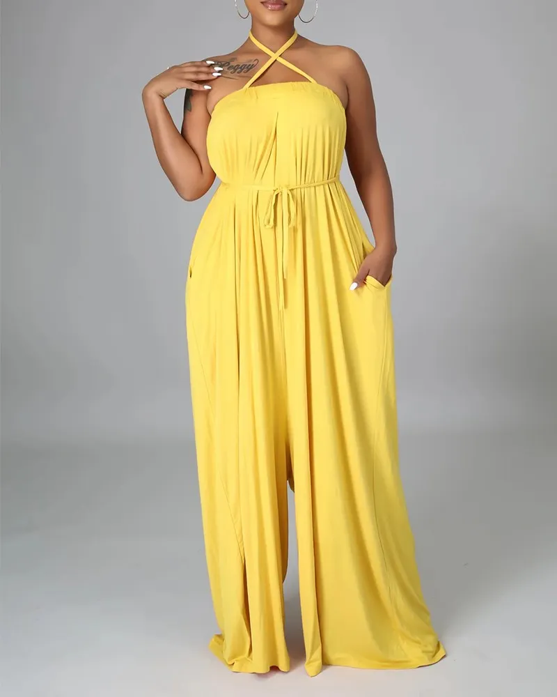 Solid Color Sleeveless Pocket Self Tie Wide Leg Jumpsuit
