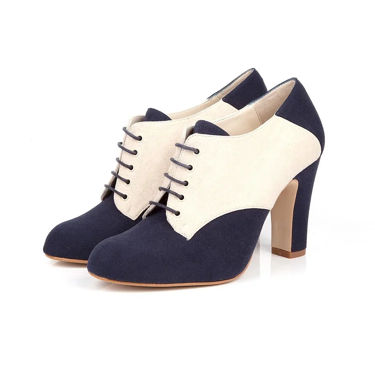 Navy and Ivory Chunky Heel Suede Oxford Vintage Shoes Vdcoo