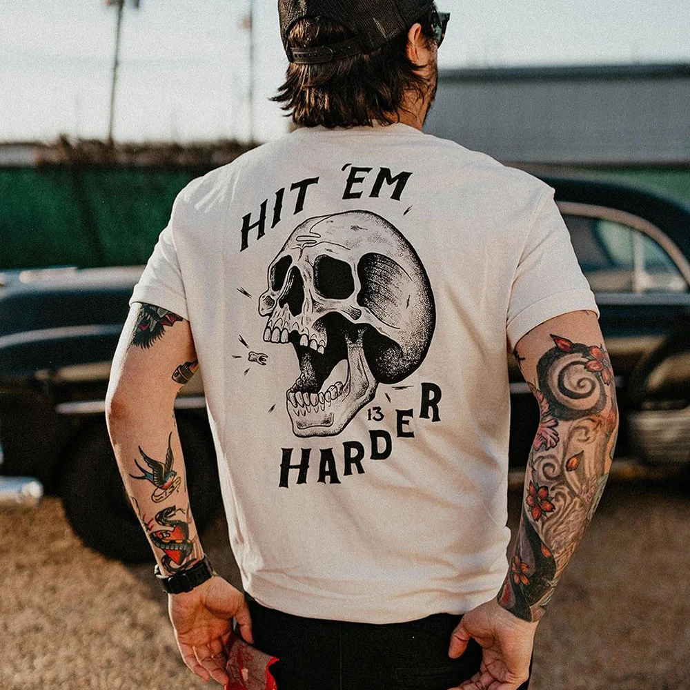 Hit 'em harder skull round collar basic t-shirt -  