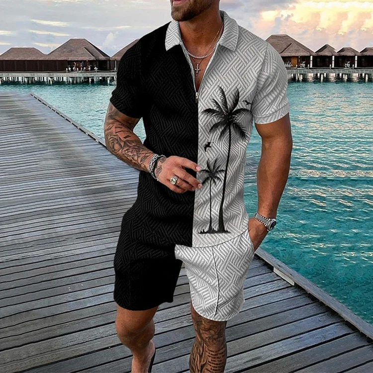 BrosWear Coconut Tree Color Contrast Stripes Print Short Sleeve Polo Shirt And Shorts Co-Ord