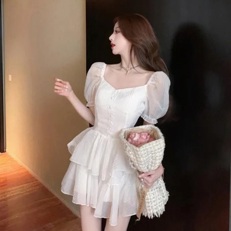 Pleated Skirt New Korean Solid Color V-neck Puff Sleeve Mini Dress Women Clothing Lolita Sweet Pleated Slim Sexy Dress Aiertu