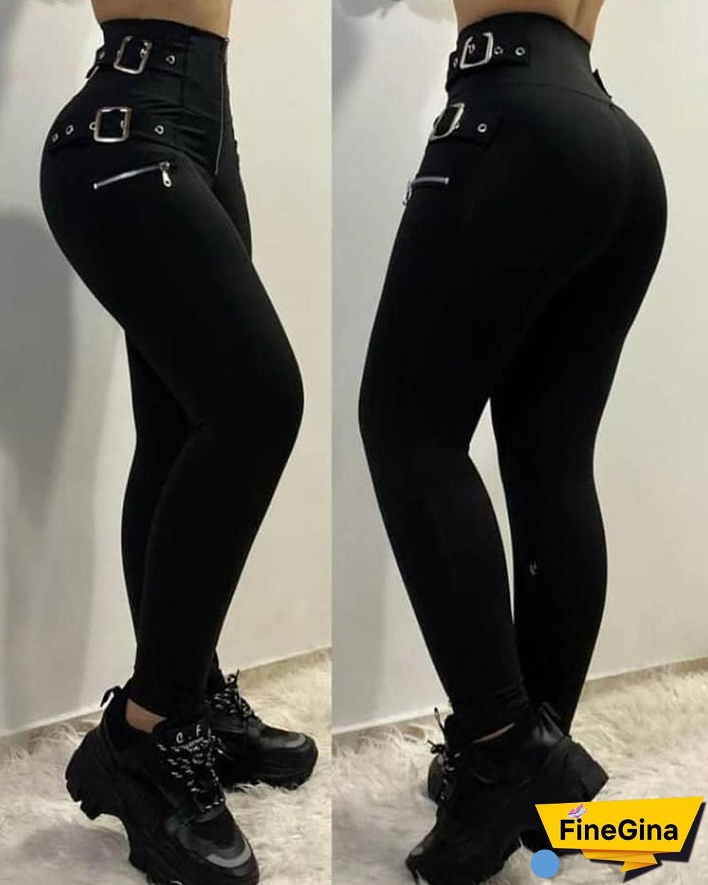 Zipper Design Eyelet Buckled High Waist Pants