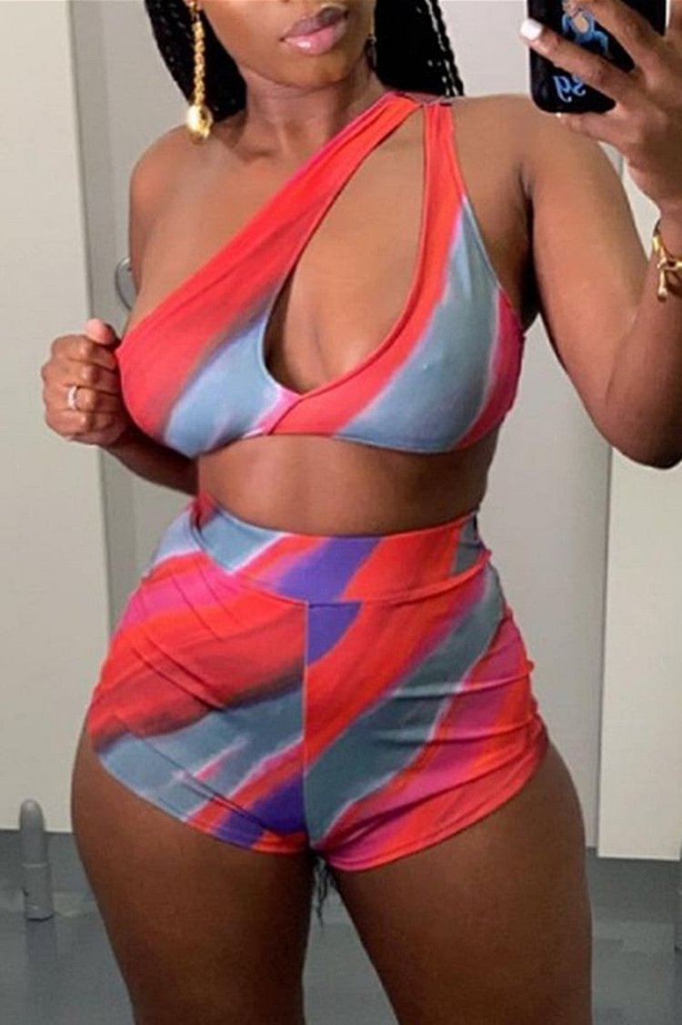 Fashion Sexy Print Hollowed Out Oblique Collar Sleeveless Two Pieces - Shop Trendy Women's Clothing | LoverChic