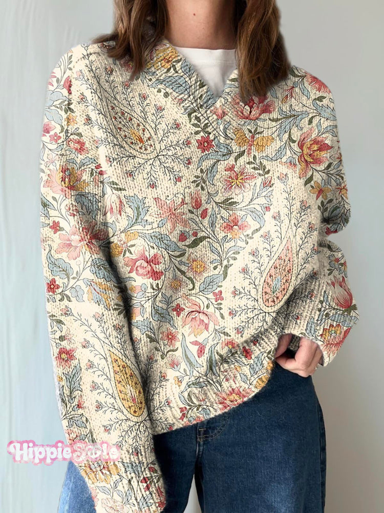 Women’s Vintage Paisley Flowers Print Casual V-Neck Pullover Knit Multicolor / M