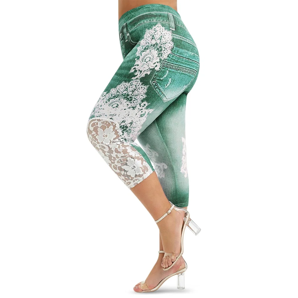 ROSEGAL Plus Size Capri Lace Panel Printed Leggings Push Up 3D Elastic High Waist Women Skinny Fitness Trouser Large Size 5XL