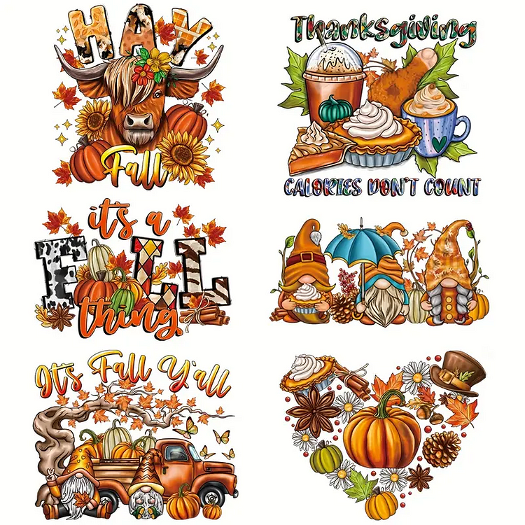 6pcs/pack Turkey Day Theme Pumpkin DIY Heat Transfer For T-Shirt Arts Craft Home Decors