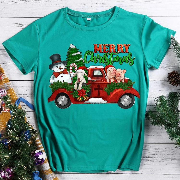 Merry Christmas Snowman Farm Truck  T-shirt Tee -606670-Annaletters