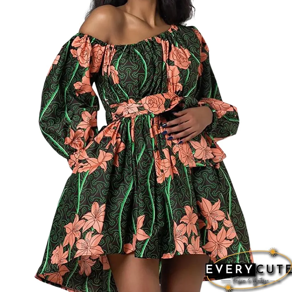 Green African Print Long Sleeve Dress with Belt