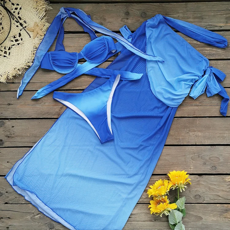 Ombre Print Bikini Swimsuit and Skirt