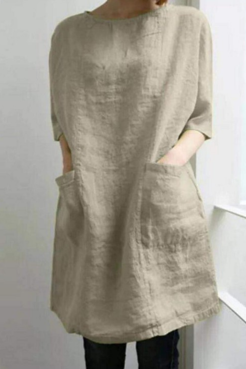 2021 Spring And Summer New Solid Color Cotton And Linen New Round Neck Pocket Sleeve Dress Short Cotton And Linen Dress