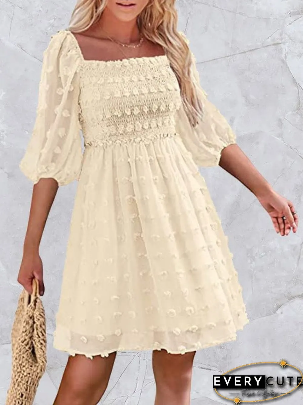 Women'S Dresses Jacquard Polka Dot Square Neck Mid Sleeve Dress