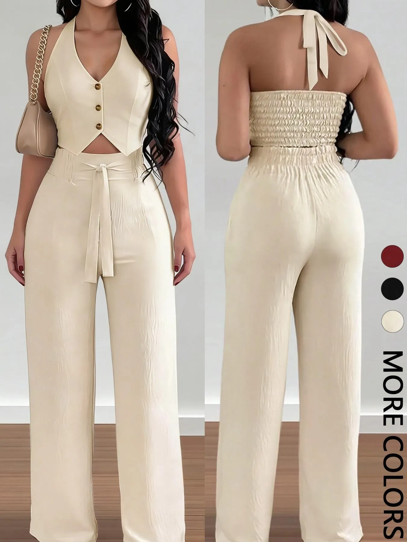 Women's Halter Crop Top & Wide-Leg Pants Set, Womenswear, Comfortable Woven Material & Halter Neck Design & Smocked Back & Tie-Waist Silhouette,2pcs Women's Halter Crop Top & Wide-Leg Pants Set, Womenswear, Comfortable Woven Material & Halter Neck Design & Smocked Back & Tie-Waist Silhouette,2pcs