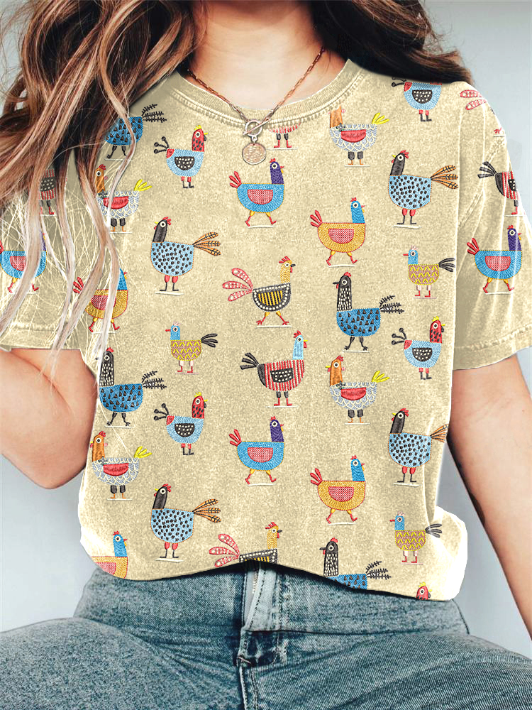 Funny Farm Chicken Embroidery Pattern Casual T-Shirt