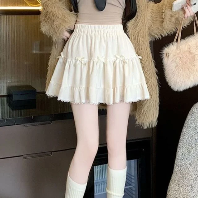 Bow Mini A-Line Elastic Waist Plain Ruffle Skirt