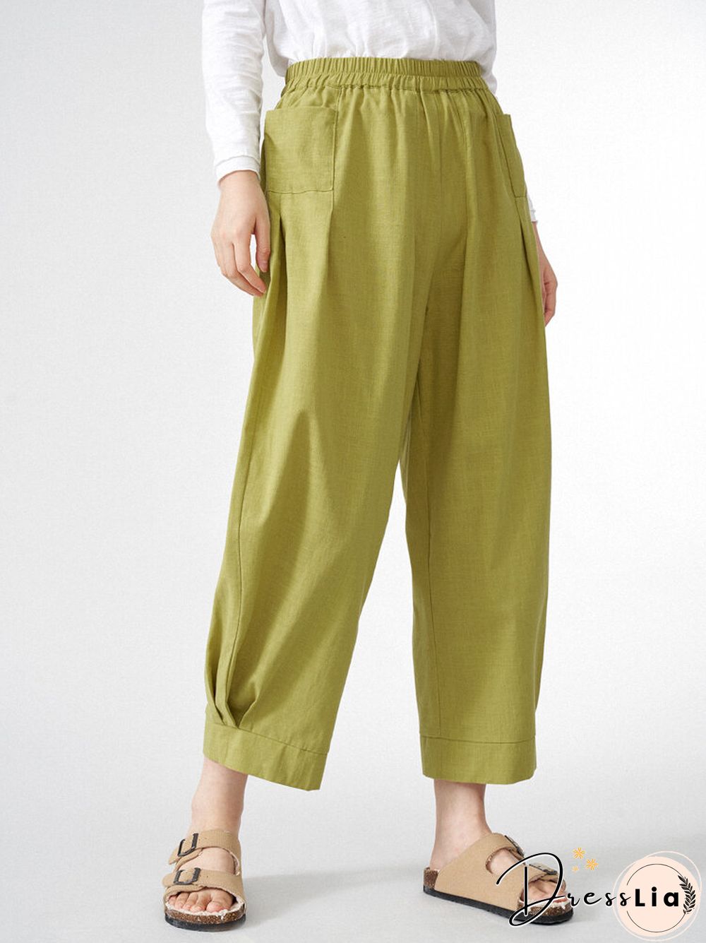Women Solid Dual Pocket Elastic Waist Wide Leg Pants