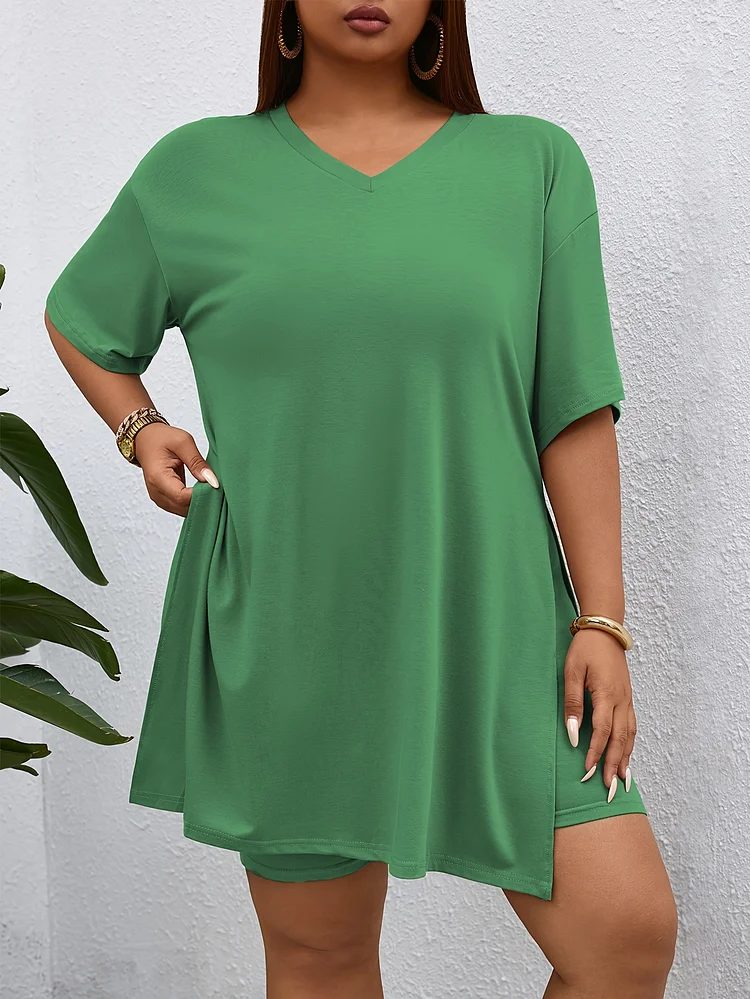 Women's Short-Sleeved V-Neck Suit, Solid Color Stretch Short-Sleeved T-Shirt And Split Shorts 2pcs Suit, Suitable For Jogging, Yoga, Gym, Shopping