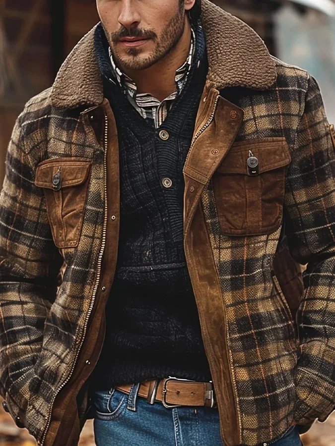 Men's Outdoor Retro Plaid Plush Multi-Pocket Jacket