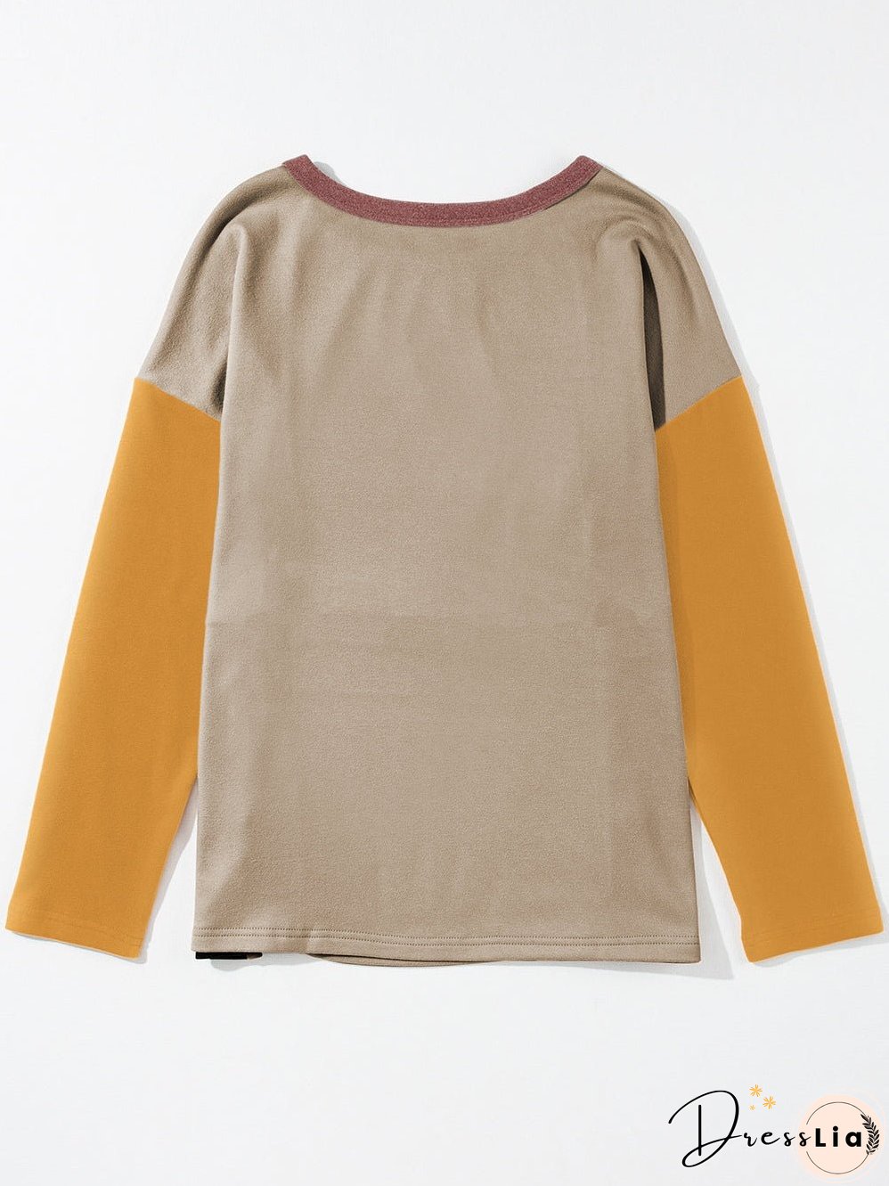 Light Beige French Seam Detail Colorblock Knit Top with Long Sleeves