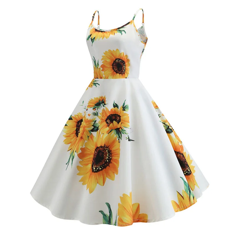 Churchf Sexy Spaghetti Strap Swing Vintage Rockabilly Dresses Floral Summer Beach Dress Women  White Boho Sunflower Midi Dresses-Outfit Ideas