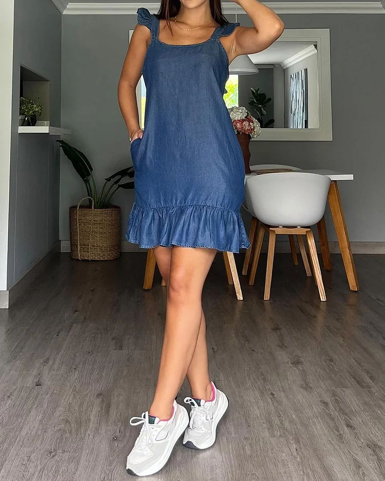 Sleeveless Solid Faux Denim Mini Dress