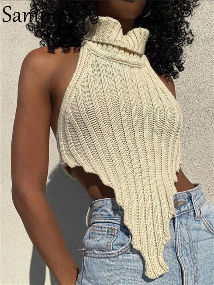 Sampic Female 2022 Pullover Knitted Sweat Crop Tops Turtleneck Off Shoulder Mini T Shirts  Gothic Sexy Club Y2K Tank Tops