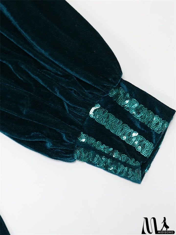 MidiSono - High Waist Slit Puff Sleeve Sequined Evening Dresses